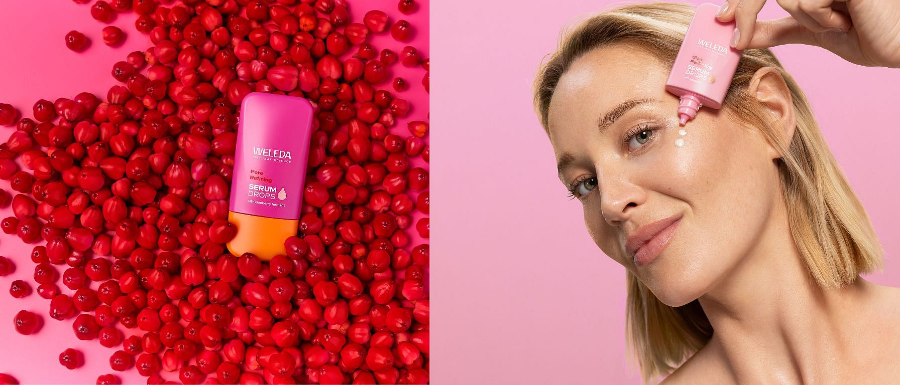 Bild på booster drops serum och en kvinna som smörjer in ansiktet